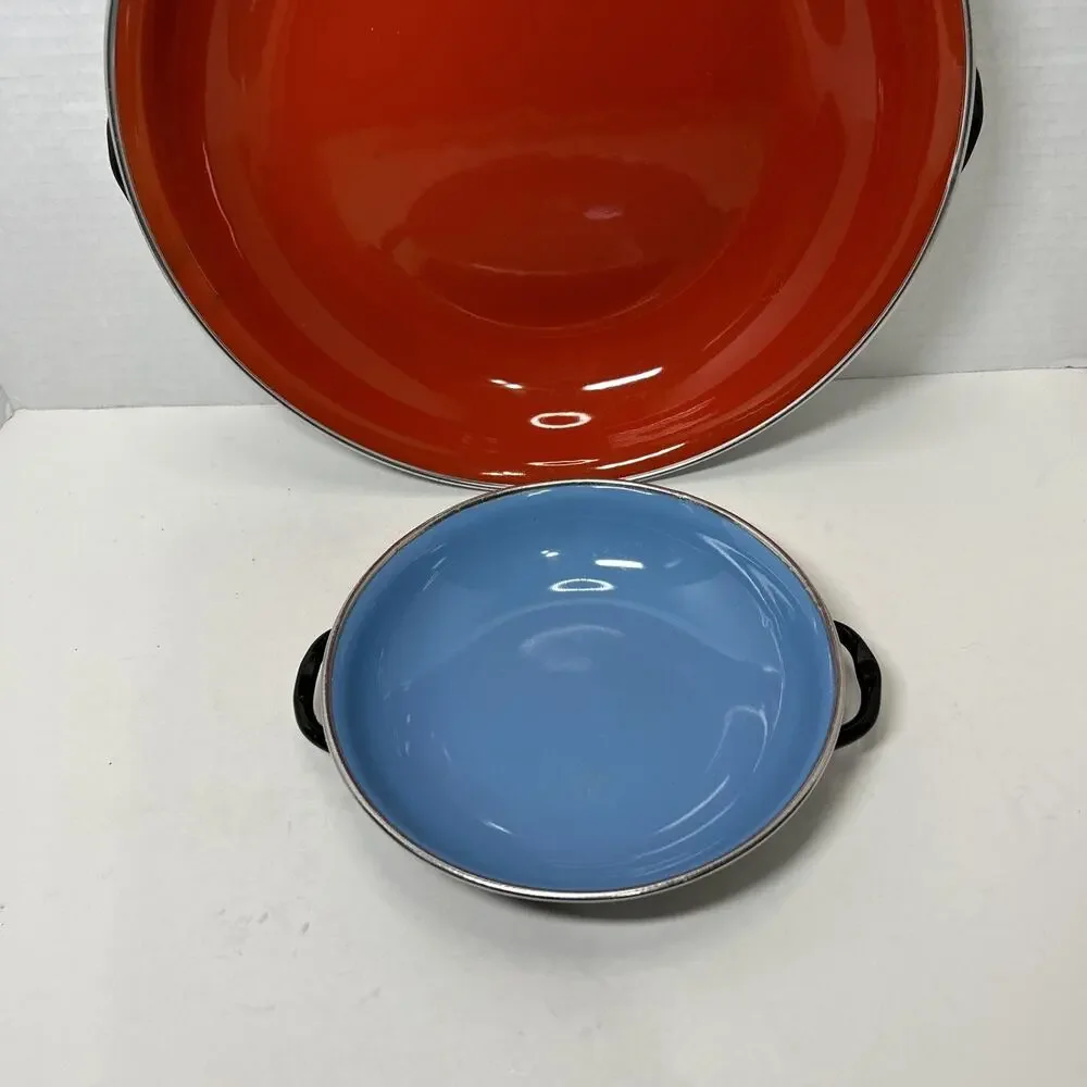 Vtg MCM Emo Celji Style Nesting Enamel Metal 2 Saute Pans Yugoslavia Blue Red